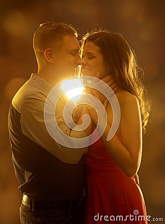Young Couple Kissing in Love, Woman and Man Dating, Happy Girl Stock Photo