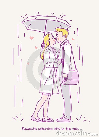 Young couple kissing in the rain under an umbrella. Line illustration Stock Photo