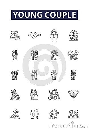 Young couple line vector icons and signs. Young, Youthful, Nuptial, Spousal, Bride, Groom, Matrimony, Wedlock outline Vector Illustration