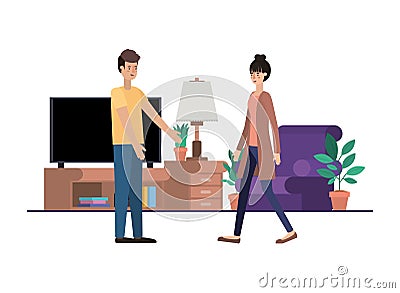 Young couple in the living room avatar character Vector Illustration