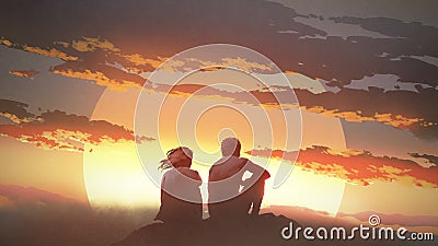 Young couple looking at the sunset Cartoon Illustration