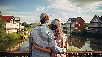 a young couple looking at their new home, Happy homeowners. Stock Photo