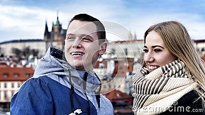 Young couple in love on the background of Prague Castle Stock Photo