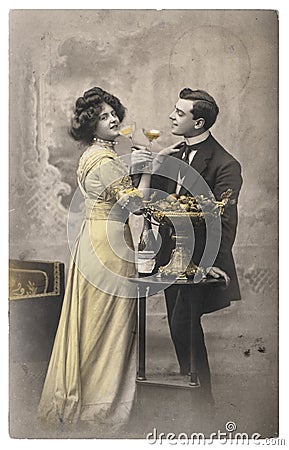 Young couple in love celebrated bottle champagne Vintage picture Editorial Stock Photo