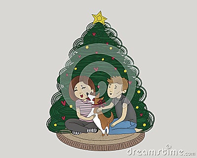 young couple in love dabble with a corgi dog with a red bow around his neck, sitting together near the christmas tree at home on a Cartoon Illustration