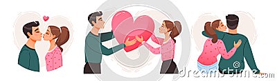 A young couple in love kisses, hugs, gives each other a heart. Love relationships. Vector Illustration