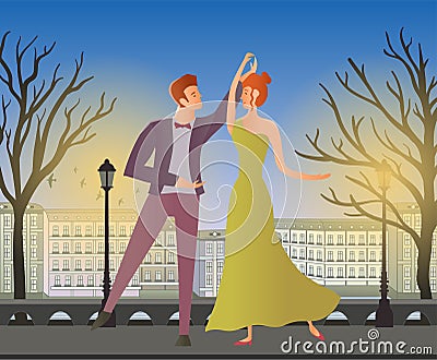 Young couple. Man and woman dancing ballroom dance in the street of the old town. Vector illustration. Vector Illustration