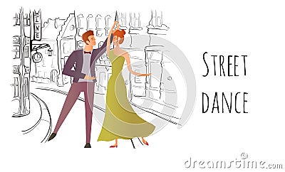 Young couple in love. Man and woman dancing in the street of the old town. Vector illustration. Vector Illustration