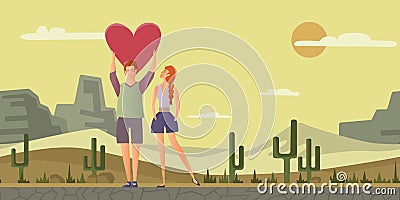 Young couple in love. Man and woman on a romantic date in desert landscape. Vector illustration. Vector Illustration