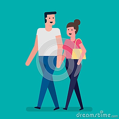 Young Couple In Love Walks Together Vector Illustration