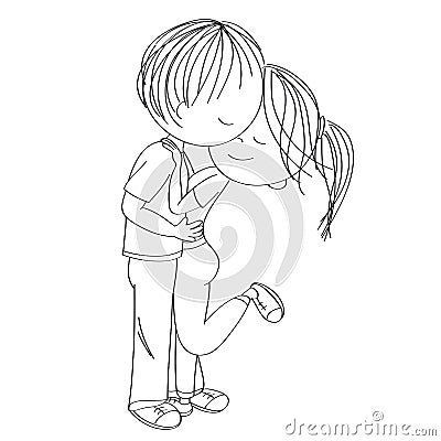 Young couple of lovers standing, hugging and kissing. Original hand drawn illustration Vector Illustration