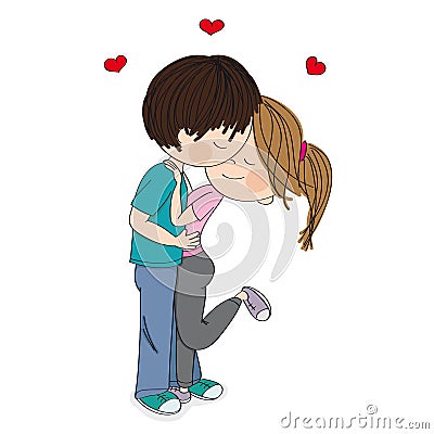 Young couple of lovers standing, hugging and kissing. Original hand drawn illustration Vector Illustration