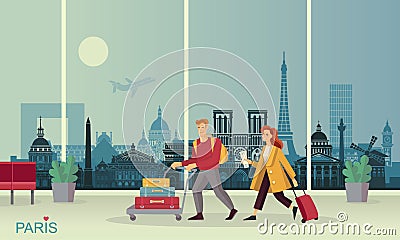 Young couple with Luggage at the airport. Against the background of an abstract panorama of the Paris attractions. Vector Illustration