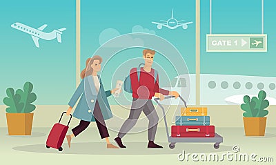 Young couple with Luggage at the airport. Flat vector image Vector Illustration