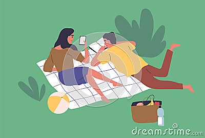 Young couple lying on blanket in park together and enjoying summer picnic. Scene of recreation and leisure outdoors Vector Illustration