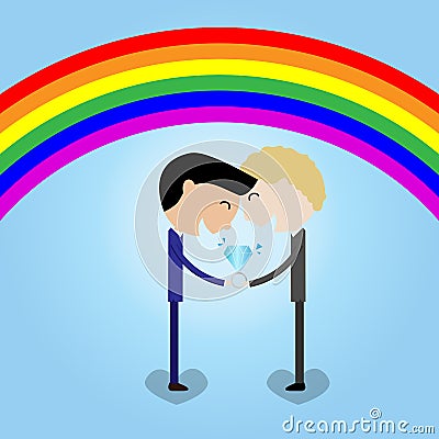 Young couple man hold wedding ring rainbow background LGBT conce Vector Illustration