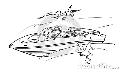 Young couple man and woman, driving speed motor boat among flying seagulls. Boy and girl on summer vacation. Sketch Vector Illustration