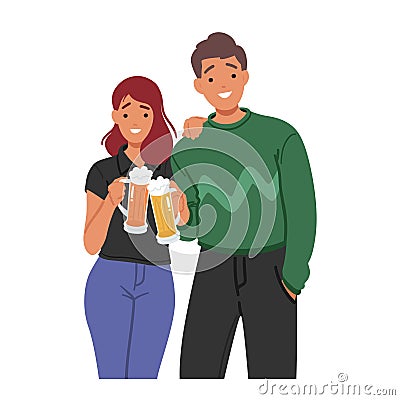 Young Couple Man And Woman Enjoy Drinking Beer Together, Savoring The Refreshing Flavors And Creating Cherished Memories Vector Illustration