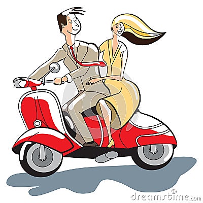 Young couple on red motor scooter flat retro style Vector Illustration