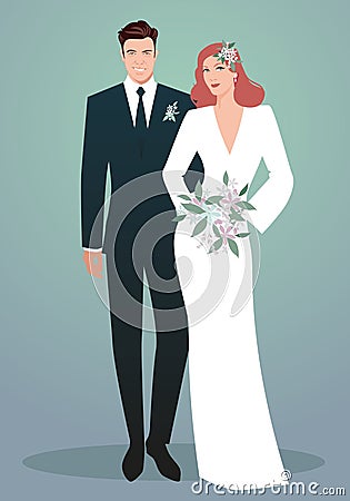 Young couple of newlyweds wearing wedding clothes. Retro Style. Elegant groom and beautiful red haired bride holding bridal bouque Stock Photo