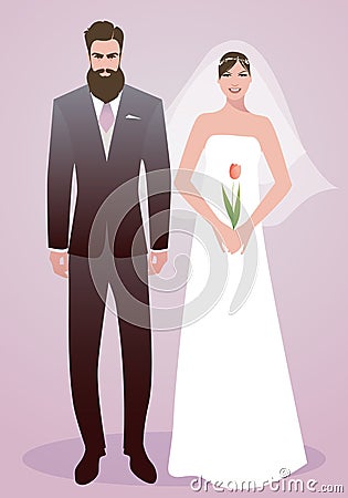 Young couple of newlyweds wearing wedding clothes. Stylish bearded groom and beautiful bride with veil holding a tulip Stock Photo