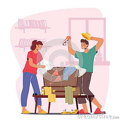 Young Couple Packing A Suitcase Together, Deciding On What To Bring For Their Upcoming Trip Cartoon Vector Illustration Vector Illustration