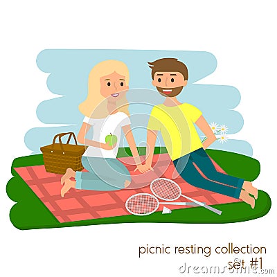 Young couple on picnic together. Family picnic vacation. Summer happy lifestyle park outdoors. Vector illustration. Vector Illustration