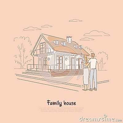 Young couple planning for dream home, family buying first living space together, standing in front of future estate Vector Illustration