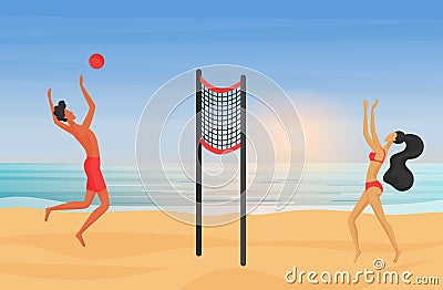 Young couple playing beach volleyball at sunset Vector Illustration