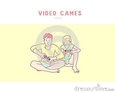 Young couple playing video game. hand drawn style vector Vector Illustration