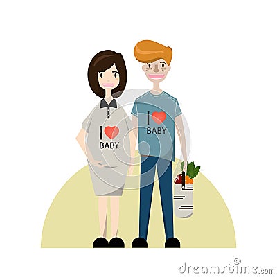 Young couple. Pregnant woman and man. Flat style vector illustration family. Cartoon characters isolated on white background Vector Illustration