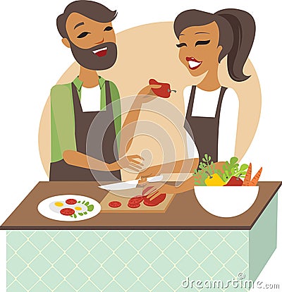 Young couple preparing meal together Vector Illustration