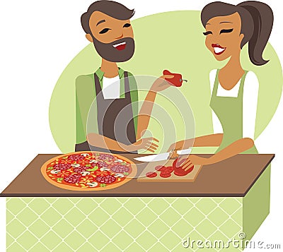 Young couple preparing pizza together Vector Illustration