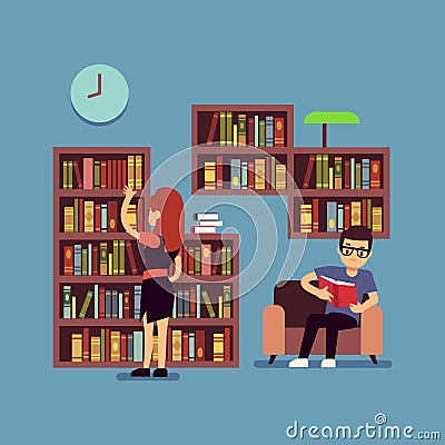 Young couple reading books - flat library or living room concept Vector Illustration