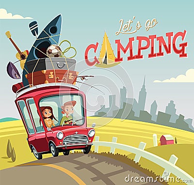 Young couple in red car going camping Vector Illustration