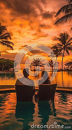 Young Couple Relaxing and Enjoying the Sunset Stock Photo