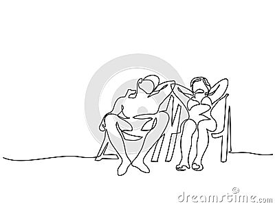 Young couple relaxing on sun lounger near sea Vector Illustration