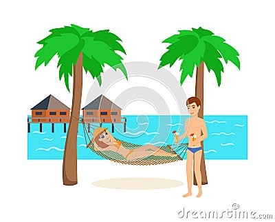 Young couple is resting on the island while on vacation. Vector Illustration