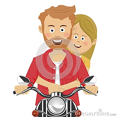 Young couple riding motorcycle smiling Vector Illustration