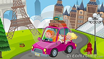 A Young Couple on Road Trip in Europe Vector Illustration