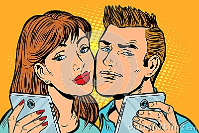 Young couple selfie on smartphone Vector Illustration