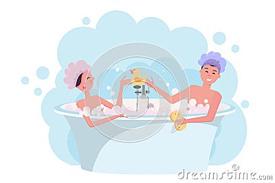 Young couple in shower caps taking a bath. Girl and guy are having fun in bubble bath. Elegant bathtub with yellow rubber duck. Cartoon Illustration