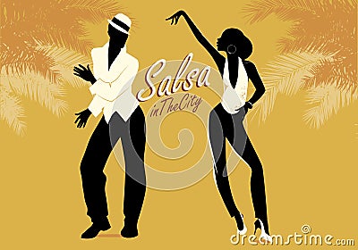 Young couple silhouettes dancing salsa or latin music. Cartoon Illustration