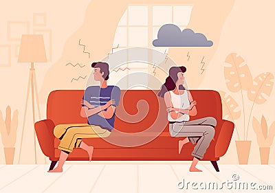 A young couple sits on opposite sides of the couch and quarrels. People spend time at home. The psychological concept of Vector Illustration
