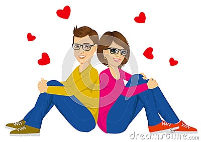 Young couple sitting with back to each other Vector Illustration