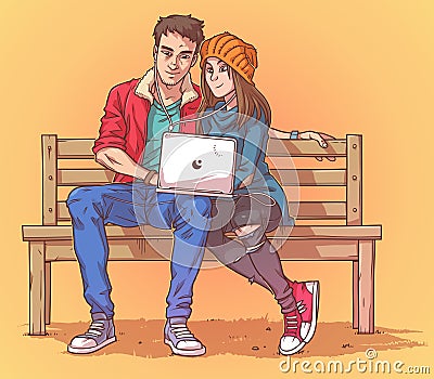 Young couple sitting on a bench and listen to music Vector Illustration