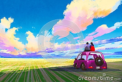 Young couple sitting on car in front of dramatic landscape Cartoon Illustration