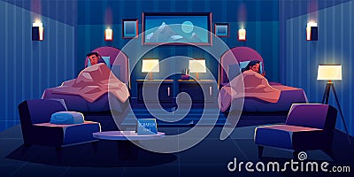 Young couple sleeping in apart bed at hotel suit Vector Illustration