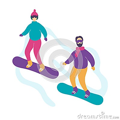 Cute modern young couple snowboarding Vector Illustration