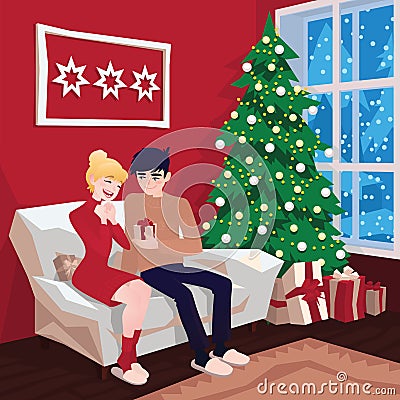 Young couple on sofa and cat in decorated guest room interior with a fireplace. Family celebration. Christmas tree Vector Illustration